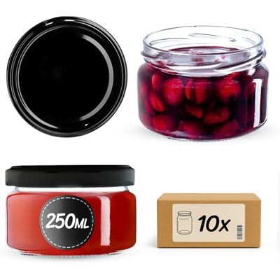 KADAX Conjunto de 10 frascos para compota 250 ml TO82 preto, frascos de conservação, frascos Mason com tampa de rosca, frascos herméticos, para mel e compota KADAX Conjunto de 10 frascos para compota 250 ml TO82 preto, frascos de conservação, frascos Mason com tampa de rosca, frascos herméticos, para mel e compota