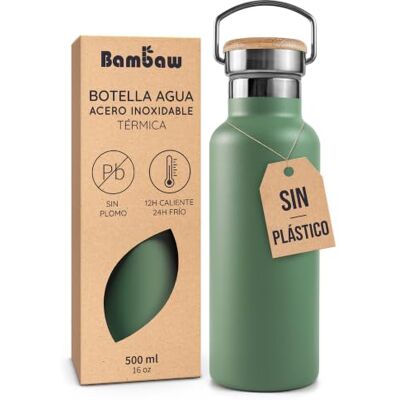 Bambaw Garrafa isotérmica (500 ml, termo verde, garrafa de aço inoxidável, 500 ml, garrafa isotérmica, garrafa reutilizável, verde sálvia) Bambaw Garrafa isotérmica (500 ml, termo verde, garrafa de aço inoxidável, 500 ml, garrafa isotérmica, garrafa reutilizável, verde sálvia)