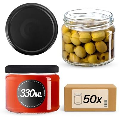 KADAX Frascos de vidro para compota, 330 ml, com tampa de rosca fi82 mm, para compota, mel e compota, frascos de vidro com tampa (preto mate, 50 unidades) KADAX Frascos de vidro para compota, 330 ml, com tampa de rosca fi82 mm, para compota, mel e compota, frascos de vidro com tampa (preto mate, 50 unidades)