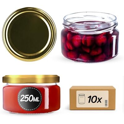 KADAX Conjunto de 10 frascos para compota de 250 ml com tampa de rosca Ø 82 mm em ouro hermético, adequado para máquina de lavar louça, ideal para compotas, chutneys, legumes em conserva, carne KADAX Conjunto de 10 frascos para compota de 250 ml com tampa de rosca Ø 82 mm em ouro hermético, adequado para máquina de lavar louça, ideal para compotas, chutneys, legumes em conserva, carne
