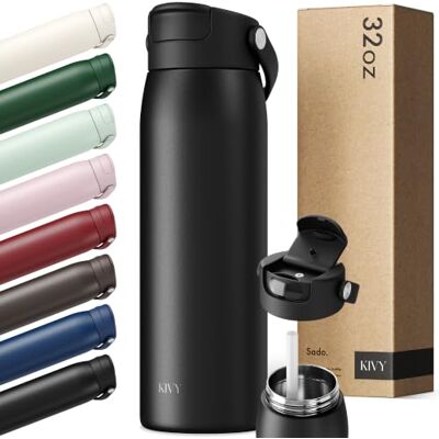 KIVY Garrafa de aço inoxidável de 1 l com palha, garrafa térmica de 1 litro, adequada para máquina de lavar louça, garrafa para ginásio e fitness, garrafa térmica desportiva, garrafa de água de aço KIVY Garrafa de aço inoxidável de 1 l com palha, garrafa térmica de 1 litro, adequada para máquina de lavar louça, garrafa para ginásio e fitness, garrafa térmica desportiva, garrafa de água de aço