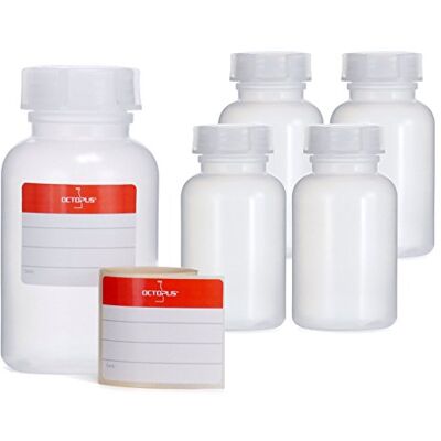 Octopus 5 x 250 ml frascos de boca larga de LDPE com fecho de rosca, garrafa vazia para químicos, garrafa de laboratório com tampa, como recipiente de armazenamento para laboratório, cozinha ou lazer Octopus 5 x 250 ml frascos de boca larga de LDPE com fecho de rosca, garrafa vazia para químicos, garrafa de laboratório com tampa, como recipiente de armazenamento para laboratório, cozinha ou lazer