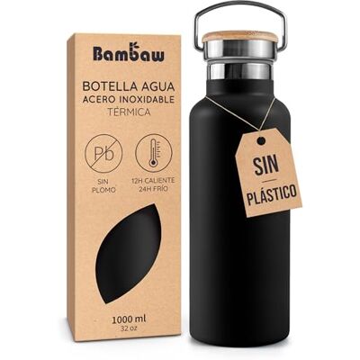 Bambaw Garrafa isotérmica de 1 l, garrafa de água de aço inoxidável resistente ao óxido, cantil de aço inoxidável reutilizável e durável, cantil térmico de parede dupla (preto Ébano) Bambaw Garrafa isotérmica de 1 l, garrafa de água de aço inoxidável resistente ao óxido, cantil de aço inoxidável reutilizável e durável, cantil térmico de parede dupla (preto Ébano)