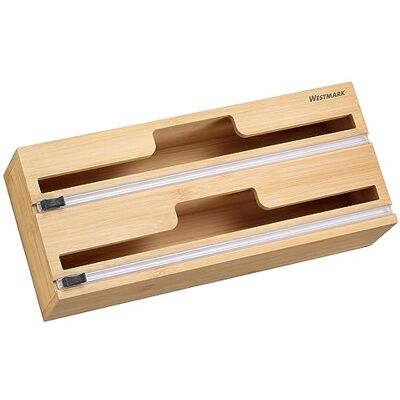 Westmark Dispensador de lâmina com cortador, dispensador de papel de alumínio e película transparente, corte de papel sem esforço e sem rasgar, rolos até 31 cm, bambu Westmark Dispensador de lâmina com cortador, dispensador de papel de alumínio e película transparente, corte de papel sem esforço e sem rasgar, rolos até 31 cm, bambu