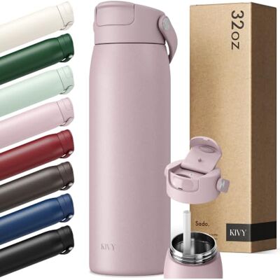 KIVY Garrafa de aço inoxidável de 1 l com palha, garrafa térmica de 1 litro, adequada para máquina de lavar louça, garrafa para ginásio e fitness, garrafa térmica desportiva, garrafa de água de aço KIVY Garrafa de aço inoxidável de 1 l com palha, garrafa térmica de 1 litro, adequada para máquina de lavar louça, garrafa para ginásio e fitness, garrafa térmica desportiva, garrafa de água de aço