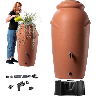 KADAX Tanque de chuva de plástico de 210 litros, depósito de água com suporte, torneira e tigela para plantas, depósito decorativo à prova de geada KADAX Tanque de chuva de plástico de 210 litros, depósito de água com suporte, torneira e tigela para plantas, depósito decorativo à prova de geada