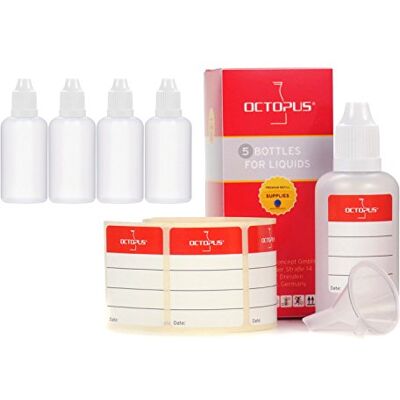 Octopus 5 x 50 ml frascos conta-gotas para dosagem de líquidos, E- líquidos, colírios, frascos vazios de plástico PEBD transparente, frascos de plástico com tampa branca conta-gotas, fecho de Octopus 5 x 50 ml frascos conta-gotas para dosagem de líquidos, E- líquidos, colírios, frascos vazios de plástico PEBD transparente, frascos de plástico com tampa branca conta-gotas, fecho de