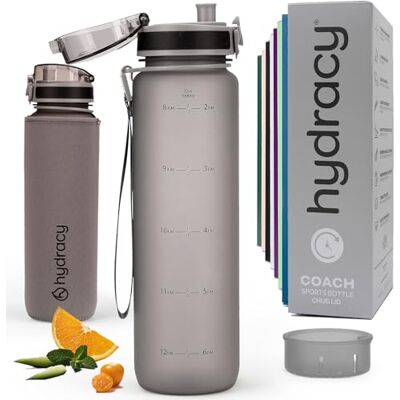 Hydracy Garrafa de água com marcador de tempo e infusor de frutas 1 l Sem BPA, à prova de fugas, capa anti-respirável, rastreamento diário para ginásio, desportos e atividades ao ar livre Hydracy Garrafa de água com marcador de tempo e infusor de frutas 1 l Sem BPA, à prova de fugas, capa anti-respirável, rastreamento diário para ginásio, desportos e atividades ao ar livre