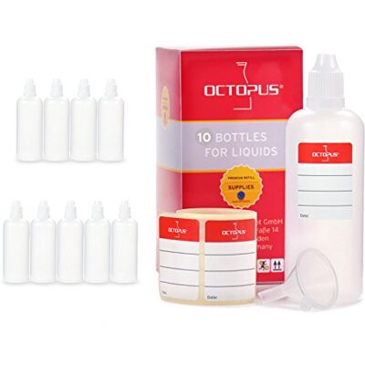 Octopus 10 frascos para líquidos de 100 ml com funil para, p. Por exemplo, E-líquidos ou cigarros eletrónicos, frascos conta-gotas ou espremedor mais rolha branca com fecho de segurança para crianças Octopus 10 frascos para líquidos de 100 ml com funil para, p. Por exemplo, E-líquidos ou cigarros eletrónicos, frascos conta-gotas ou espremedor mais rolha branca com fecho de segurança para crianças
