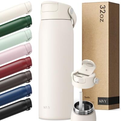KIVY Garrafa de aço inoxidável de 1 l com palha, garrafa térmica de 1 litro, adequada para máquina de lavar louça, garrafa para ginásio e fitness, garrafa térmica desportiva, garrafa de água de aço KIVY Garrafa de aço inoxidável de 1 l com palha, garrafa térmica de 1 litro, adequada para máquina de lavar louça, garrafa para ginásio e fitness, garrafa térmica desportiva, garrafa de água de aço