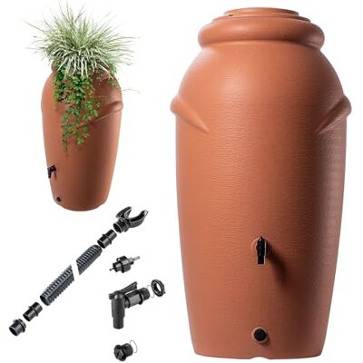 KADAX Tanque de chuva de plástico 210 l, tanque de água com torneira, vaso e tampa, decorativo e à prova de gelo KADAX Tanque de chuva de plástico 210 l, tanque de água com torneira, vaso e tampa, decorativo e à prova de gelo