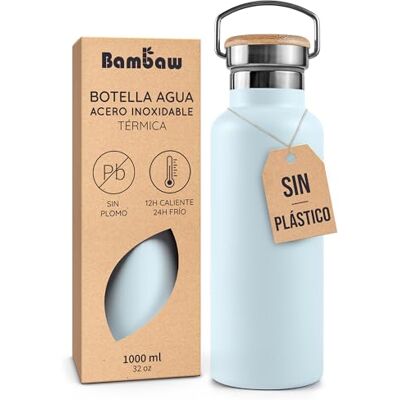 Bambaw Garrafa térmica 1 litro, Garrafa de água azul claro, Garrafa de água aço inoxidável 1 litro, Garrafa para academia, Garrafa de aço inoxidável 1l – Azul celeste Bambaw Garrafa térmica 1 litro, Garrafa de água azul claro, Garrafa de água aço inoxidável 1 litro, Garrafa para academia, Garrafa de aço inoxidável 1l – Azul celeste