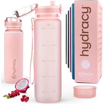 Hydracy Garrafa de água com marcador de tempo e infusor de frutas 1 l Sem BPA, à prova de fugas, capa anti-respirável, rastreamento diário para ginásio, desportos e atividades ao ar livre Hydracy Garrafa de água com marcador de tempo e infusor de frutas 1 l Sem BPA, à prova de fugas, capa anti-respirável, rastreamento diário para ginásio, desportos e atividades ao ar livre