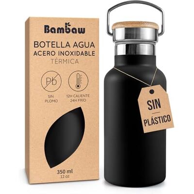 Bambaw Garrafa térmica 350 ml, Garrafa de água preta, Garrafa de água em aço inoxidável, Garrafa reutilizável, Garrafa de água para crianças sem BPA – Ébano preto Bambaw Garrafa térmica 350 ml, Garrafa de água preta, Garrafa de água em aço inoxidável, Garrafa reutilizável, Garrafa de água para crianças sem BPA – Ébano preto
