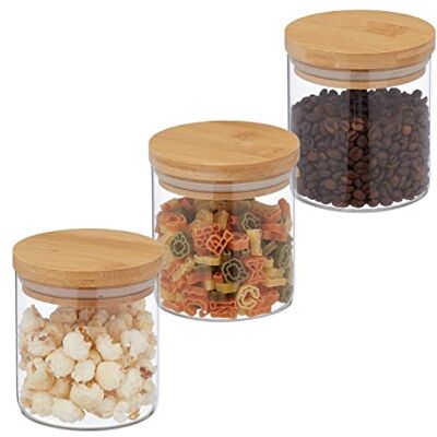 Relaxdays Botes de vidro 500 ml, conjunto 3, recipientes de cozinha pequenos, tampa de bambu, frascos herméticos, transparente / natural Relaxdays Botes de vidro 500 ml, conjunto 3, recipientes de cozinha pequenos, tampa de bambu, frascos herméticos, transparente / natural