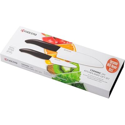 Kyocera Set FK-2PC-WH-BK, Conjunto de facas, faca de descascar 7,5 cm, faca Santoku 14 cm, lâmina de cerâmica de zircónia afiada, afiada à mão, leve, não corrosiva, adequada para máquina de lavar Kyocera Set FK-2PC-WH-BK, Conjunto de facas, faca de descascar 7,5 cm, faca Santoku 14 cm, lâmina de cerâmica de zircónia afiada, afiada à mão, leve, não corrosiva, adequada para máquina de lavar