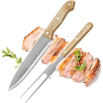 com-four ® Conjunto de talheres para trinchar de 2 peças talheres para grelha de aço inoxidável com cabo de madeira faca e garfo para carne com-four ® Conjunto de talheres para trinchar de 2 peças talheres para grelha de aço inoxidável com cabo de madeira faca e garfo para carne