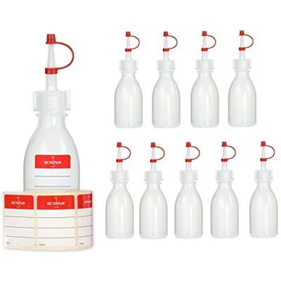 Octopus 10 x 50 ml frasco conta-gotas, garrafas de plástico, garrafas de plástico LDPE com conta-gotas, garrafas de laboratório com fecho conta-gotas, garrafas vazias espremedor com fita de fixação vermelha, também inclui 10 etiquetas para marcação Octopus 10 x 50 ml frasco conta-gotas, garrafas de plástico, garrafas de plástico LDPE com conta-gotas, garrafas de laboratório com fecho conta-gotas, garrafas vazias espremedor com fita de fixação vermelha, também inclui 10 etiquetas para marcação