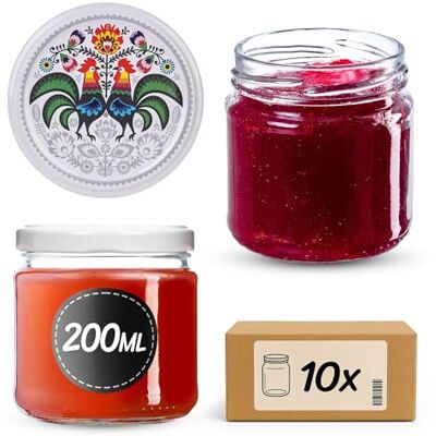 KADAX Conjunto de 10 frascos de 200 ml com tampa de rosca Ø 66 mm, frascos de sobremesa de paredes grossas, herméticos, adequados para máquina de lavar louça, ideais para compotas e conservas KADAX Conjunto de 10 frascos de 200 ml com tampa de rosca Ø 66 mm, frascos de sobremesa de paredes grossas, herméticos, adequados para máquina de lavar louça, ideais para compotas e conservas