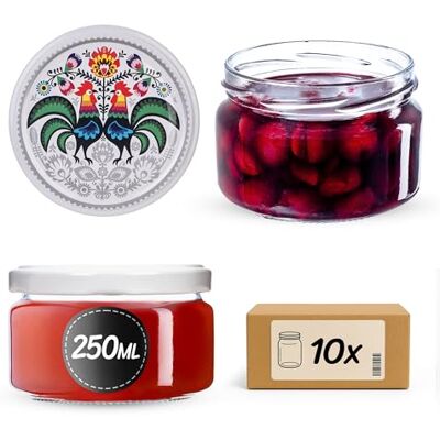 KADAX Conjunto de 10 frascos para compota de 250 ml com tampa de rosca Ø 82 mm em forma de galinha hermético, adequado para máquina de lavar louça, ideal para compotas, chutneys, legumes em conserva KADAX Conjunto de 10 frascos para compota de 250 ml com tampa de rosca Ø 82 mm em forma de galinha hermético, adequado para máquina de lavar louça, ideal para compotas, chutneys, legumes em conserva