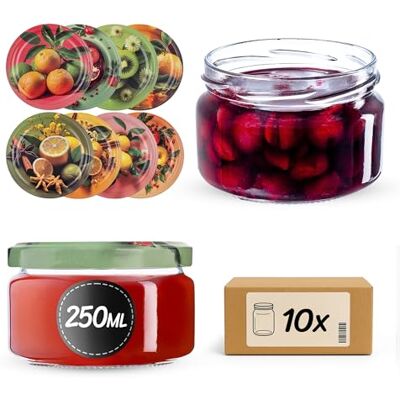 KADAX Conjunto de 10 frascos de compota de 250 ml com tampa de rosca em frutas exóticas, frascos herméticos de vidro grosso, adequados para máquina de lavar louça, ideais para compotas e conservas KADAX Conjunto de 10 frascos de compota de 250 ml com tampa de rosca em frutas exóticas, frascos herméticos de vidro grosso, adequados para máquina de lavar louça, ideais para compotas e conservas