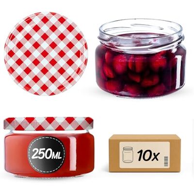 KADAX Lote de 10 pequenos frascos de vidro para conservas de 250 ml, com tampas herméticas para presentear, mini potes para mel e especiarias (com quadrados vermelhos) KADAX Lote de 10 pequenos frascos de vidro para conservas de 250 ml, com tampas herméticas para presentear, mini potes para mel e especiarias (com quadrados vermelhos)