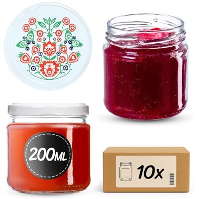KADAX Frascos Pequenos de 200 ml, Potes de Vidro com Tampa Hermética de 66 mm para Mel, Conservas, Especias e Geleias (10 Unidades, Folklore) KADAX Frascos Pequenos de 200 ml, Potes de Vidro com Tampa Hermética de 66 mm para Mel, Conservas, Especias e Geleias (10 Unidades, Folklore)