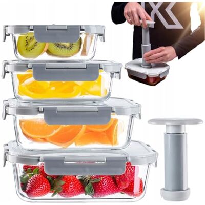 KADAX Conjunto de 4 recipientes a vácuo de vidro (370 ml, 640 ml, 1040 ml, 1520 ml), herméticos com tampa a vácuo e bomba de mão, herméticos e à prova de fugas, caixas para cozinha e congelador KADAX Conjunto de 4 recipientes a vácuo de vidro (370 ml, 640 ml, 1040 ml, 1520 ml), herméticos com tampa a vácuo e bomba de mão, herméticos e à prova de fugas, caixas para cozinha e congelador
