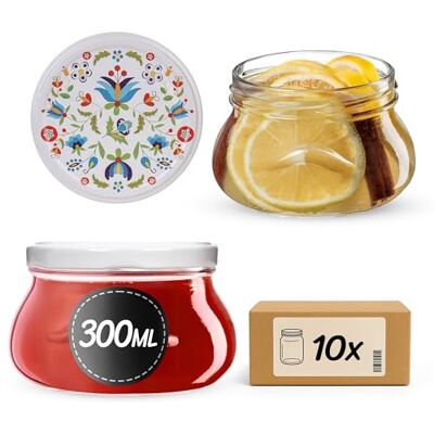 KADAX Frascos de compota de 300 ml com tampa de rosca fi82 mm, pequenos frascos para mel e especiarias, frascos de compota com tampa, frascos herméticos para presentear, flores, 10 unidades) KADAX Frascos de compota de 300 ml com tampa de rosca fi82 mm, pequenos frascos para mel e especiarias, frascos de compota com tampa, frascos herméticos para presentear, flores, 10 unidades)