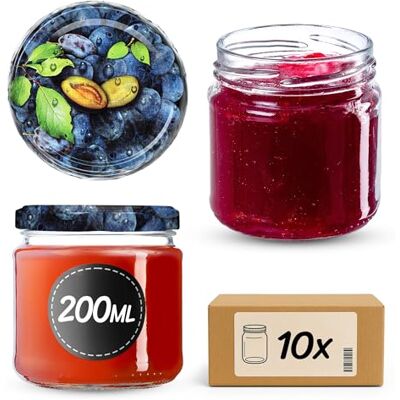 KADAX Frascos Pequenos de 200 ml, Potes de Vidro com Tampa Hermética de 66 mm para Mel, Conservas, Especias e Geleias (10 Unidades, Ameixas) KADAX Frascos Pequenos de 200 ml, Potes de Vidro com Tampa Hermética de 66 mm para Mel, Conservas, Especias e Geleias (10 Unidades, Ameixas)