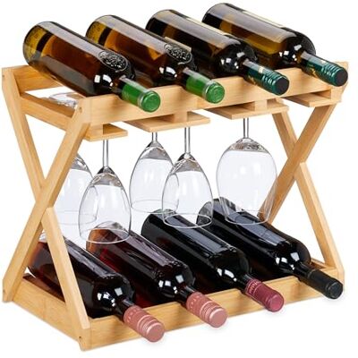 Relaxdays Garrafa com suporte para copos, 8 garrafas e 6 copos, bambu, 35 x 45 x 23 cm, prateleira de vinho vertical, natural Relaxdays Garrafa com suporte para copos, 8 garrafas e 6 copos, bambu, 35 x 45 x 23 cm, prateleira de vinho vertical, natural