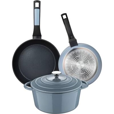 San Ignacio Conjunto de 2 frigideiras de Ø20Ø26cm Alumínio prensado + Panela com tampa Ø25,5x12cm (5L) em Ferro fundido cor Azul NOIA San Ignacio Conjunto de 2 frigideiras de Ø20Ø26cm Alumínio prensado + Panela com tampa Ø25,5x12cm (5L) em Ferro fundido cor Azul NOIA
