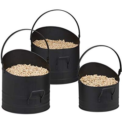 Relaxdays Conjunto de 3 cubos para pellets, 21, 25 e 30 cm, alça lateral e superior, pote colecionador cinzas e carbono, preto Relaxdays Conjunto de 3 cubos para pellets, 21, 25 e 30 cm, alça lateral e superior, pote colecionador cinzas e carbono, preto