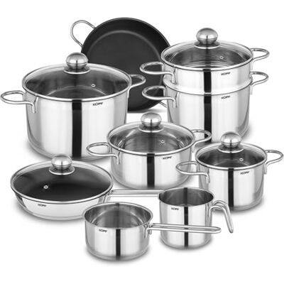 Kopf Panelas de cozinha Josie, 14 peças, prateado, aço inoxidável Panelas de aço inoxidável com caçarola, frigideira acessório de vapor, panelas adequadas para forno e máquina de lavar Kopf Panelas de cozinha Josie, 14 peças, prateado, aço inoxidável Panelas de aço inoxidável com caçarola, frigideira acessório de vapor, panelas adequadas para forno e máquina de lavar