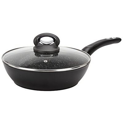 Crealys Frigideira GRANITY, 24 cm de diâmetro, alumínio forjado, revestimento antiaderente preto sem PFOA efeito pedra tampa de vidro adequada para todos os tipos de fogos, incluindo Crealys Frigideira GRANITY, 24 cm de diâmetro, alumínio forjado, revestimento antiaderente preto sem PFOA efeito pedra tampa de vidro adequada para todos os tipos de fogos, incluindo