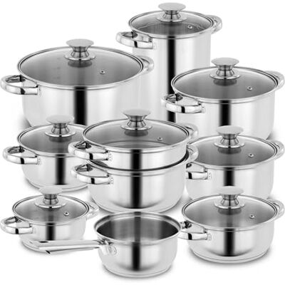 Kopf Conjunto de panelas Janina de aço inoxidável, utensílios de cozinha conjunto de panelas de cozinha de indução com escala interior e conjunto de pratos com rebordo de derrame, 19 peças Kopf Conjunto de panelas Janina de aço inoxidável, utensílios de cozinha conjunto de panelas de cozinha de indução com escala interior e conjunto de pratos com rebordo de derrame, 19 peças