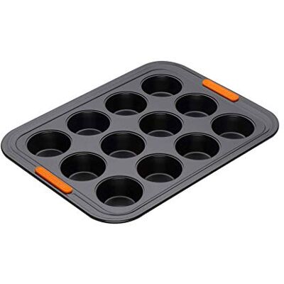 LE CREUSET Molde antiadherente para 12 mini cupcakes, diámetro 4.5 cm, resistente a ácidos, revestimiento de acero al carbono, molde mini muffins, Gris/Naranja, 00000 LE CREUSET Molde antiadherente para 12 mini cupcakes, diámetro 4.5 cm, resistente a ácidos, revestimiento de acero al carbono, molde mini muffins, Gris/Naranja, 00000