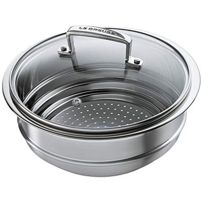LE CREUSET 3-Ply Acessório de vapor multitamanho com tampa de vidro, para panelas de diâmetro 16/18/20 cm, aço inoxidável, metal, 9620190001000 LE CREUSET 3-Ply Acessório de vapor multitamanho com tampa de vidro, para panelas de diâmetro 16/18/20 cm, aço inoxidável, metal, 9620190001000