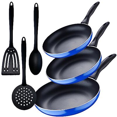 San Ignacio Set 3 unidades frigideira (16 20 + 24 cm) alumínio prensado, indução, azul marinho paraíso com conjunto 3 peças utensílios de cozinha San Ignacio Set 3 unidades frigideira (16 20 + 24 cm) alumínio prensado, indução, azul marinho paraíso com conjunto 3 peças utensílios de cozinha