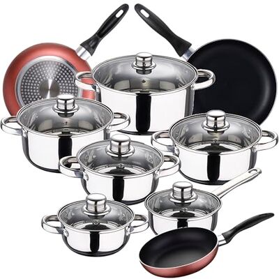 San Ignacio Bateria de cozinha 12 peças Cassel, aço inoxidável, com conjunto frigideiras (16/20/24 cm) RENBERG Paradise em alumínio prensado San Ignacio Bateria de cozinha 12 peças Cassel, aço inoxidável, com conjunto frigideiras (16/20/24 cm) RENBERG Paradise em alumínio prensado