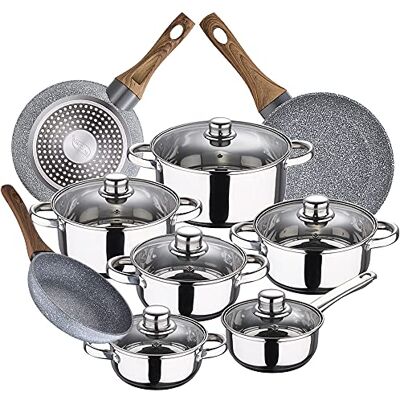 San Ignacio Bateria de cozinha 12 peças Cassel, aço inoxidável, com conjunto frigideiras (18/26/28 cm) Daimiel em alumínio forjado San Ignacio Bateria de cozinha 12 peças Cassel, aço inoxidável, com conjunto frigideiras (18/26/28 cm) Daimiel em alumínio forjado