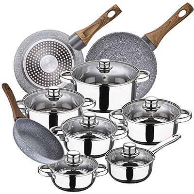 San Ignacio Bateria de cozinha 12 peças Cassel, aço inoxidável, com conjunto frigideiras (18/20/24 cm) Daimiel em alumínio forjado San Ignacio Bateria de cozinha 12 peças Cassel, aço inoxidável, com conjunto frigideiras (18/20/24 cm) Daimiel em alumínio forjado