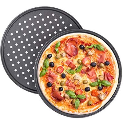 Relaxdays Conjunto de 4 bandejas pizza forno redondo, antiaderente e perfurado, aço carbono, cinzento, 32 cm Relaxdays Conjunto de 4 bandejas pizza forno redondo, antiaderente e perfurado, aço carbono, cinzento, 32 cm