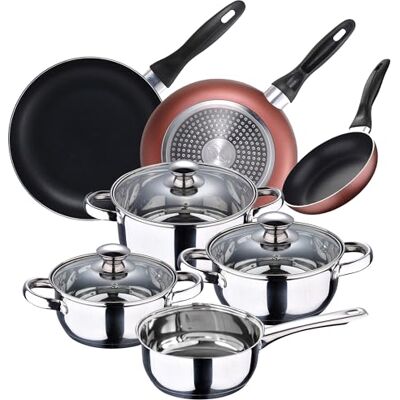 San Ignacio Conjunto de panelas 7 peças em aço inoxidável + Conjunto de 3 frigideiras Ø16/20/24 cm, alumínio prensado, adequado para indução, San Ignacio Conjunto de panelas 7 peças em aço inoxidável + Conjunto de 3 frigideiras Ø16/20/24 cm, alumínio prensado, adequado para indução,