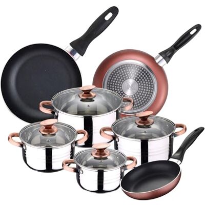 San Ignacio Bateria de cozinha 4 panelas (1,9 L + 2,7 L + 3,5 L 5,1 l) com 4 tampas de vidro e 3 frigideiras Ø 16Ø20Ø24 em aço inoxidável adequada para indução San Ignacio Bateria de cozinha 4 panelas (1,9 L + 2,7 L + 3,5 L 5,1 l) com 4 tampas de vidro e 3 frigideiras Ø 16Ø20Ø24 em aço inoxidável adequada para indução
