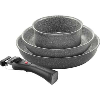 Ballarini Torre Conjunto de frigideiras e tachos (20 + 28 cm, com panela de 16 cm, revestimento cerâmico, adequado para indução, cabo removível, alumínio) Ballarini Torre Conjunto de frigideiras e tachos (20 + 28 cm, com panela de 16 cm, revestimento cerâmico, adequado para indução, cabo removível, alumínio)