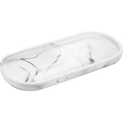 Luxspire Bandeja elíptica de resina de casa de banho, jóias, decoração de casa, sala de estar e quarto, prato organizador para velas, sabão, toalha, planta, 25 * 11,5 * 1,8 cm branco mármore Luxspire Bandeja elíptica de resina de casa de banho, jóias, decoração de casa, sala de estar e quarto, prato organizador para velas, sabão, toalha, planta, 25 * 11,5 * 1,8 cm branco mármore
