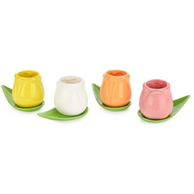 Balvi Conjunto canecas de café Tulip cor branca/amarela/naralha/rosa 4 chávenas em forma de tulipa e 4 pratos Balvi Conjunto canecas de café Tulip cor branca/amarela/naralha/rosa 4 chávenas em forma de tulipa e 4 pratos