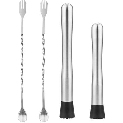 QEEYON Conjunto de colheres de bar e palitos de cocktail de aço inoxidável, colher misturadora com pisonador, conjunto de argamassa de mocho de 19,8 cm com 4 unidades QEEYON Conjunto de colheres de bar e palitos de cocktail de aço inoxidável, colher misturadora com pisonador, conjunto de argamassa de mocho de 19,8 cm com 4 unidades