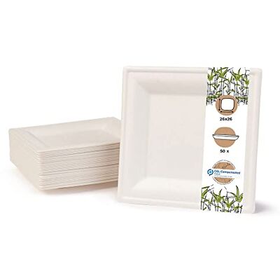 BIOZOYG Louça ecológica de bagaço descartável 50 peças pratos de cana branca angular branqueada 26 x 26 cm louça descartável bio prato de comer prato de festa BIOZOYG Louça ecológica de bagaço descartável 50 peças pratos de cana branca angular branqueada 26 x 26 cm louça descartável bio prato de comer prato de festa